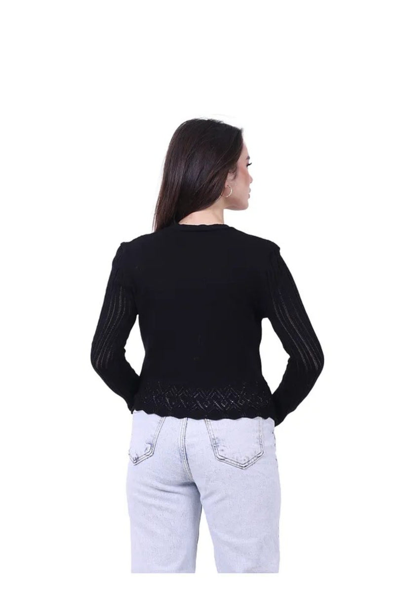 Lightweight 100% Cotton V-Neck Buttoned Knit Cardigan – Black