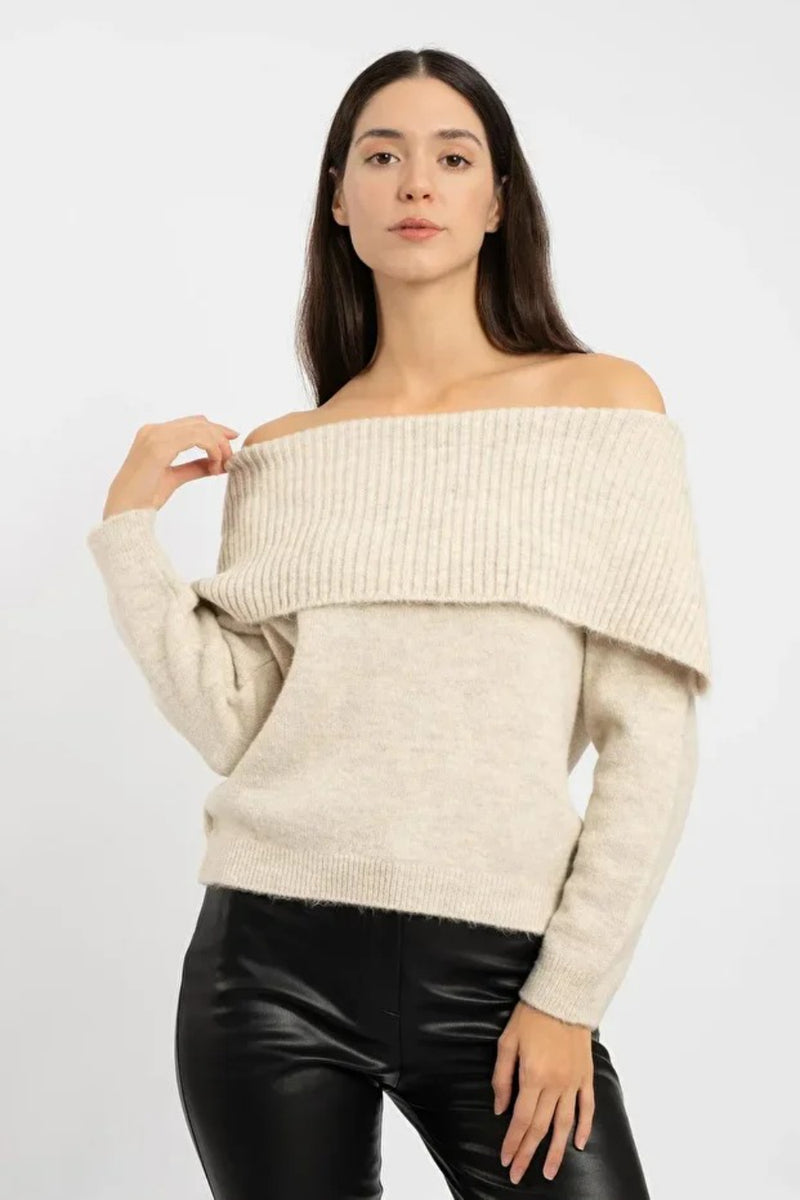 Relaxed-Fit Long-Sleeve Off-Shoulder Knit Sweater in Ecru