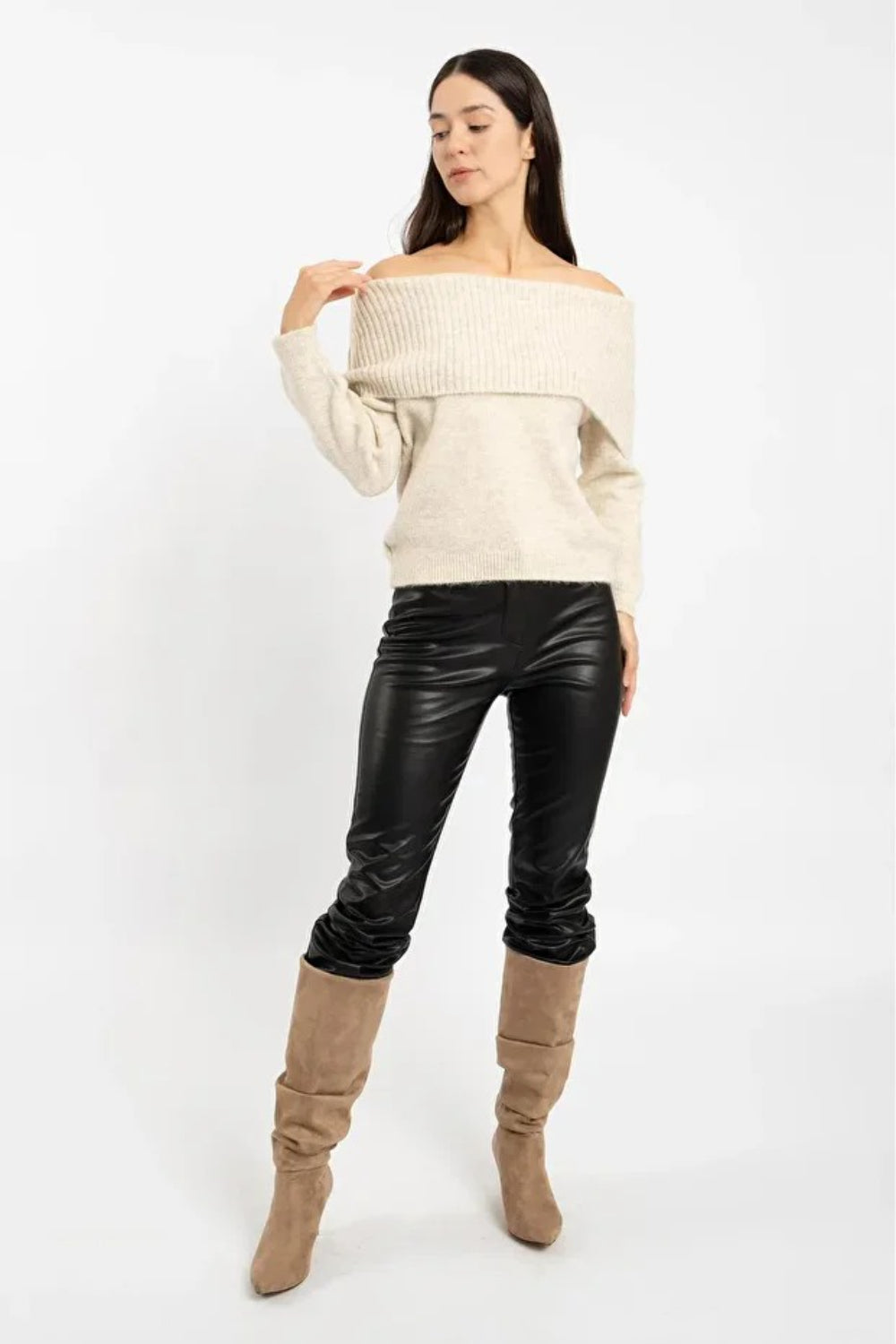 Relaxed-Fit Long-Sleeve Off-Shoulder Knit Sweater in Ecru