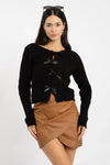 Bow Slim-Fit Zigzag Knit Sweater with Bow – Black