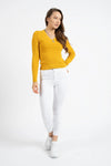 V-Neck Knit Sweater with Woven Pattern – Mustard
