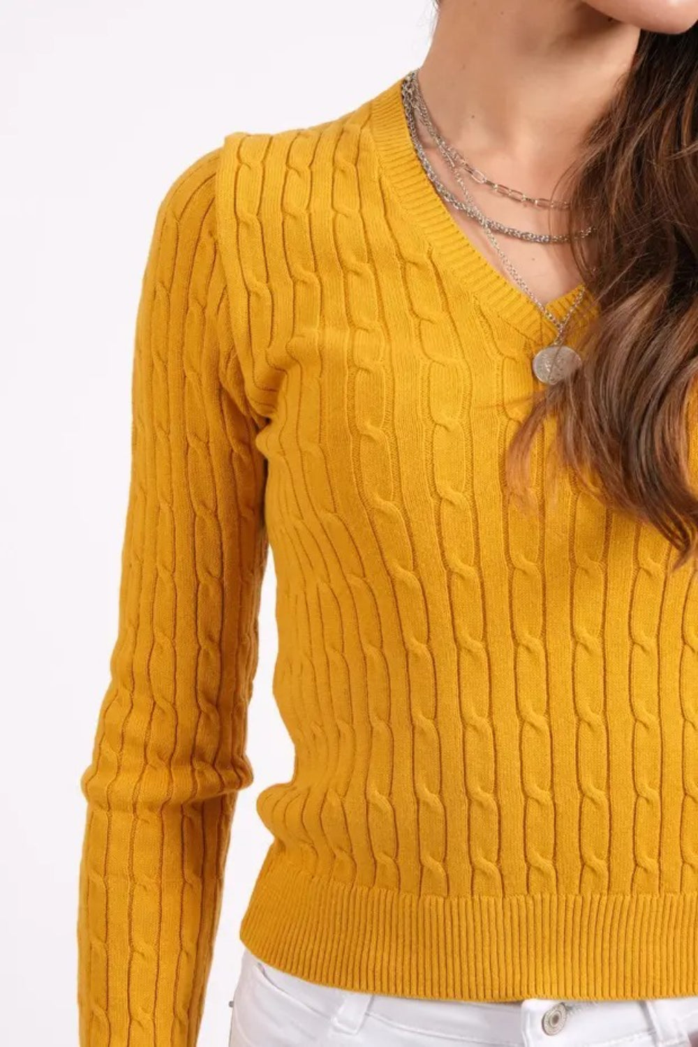 V-Neck Knit Sweater with Woven Pattern – Mustard