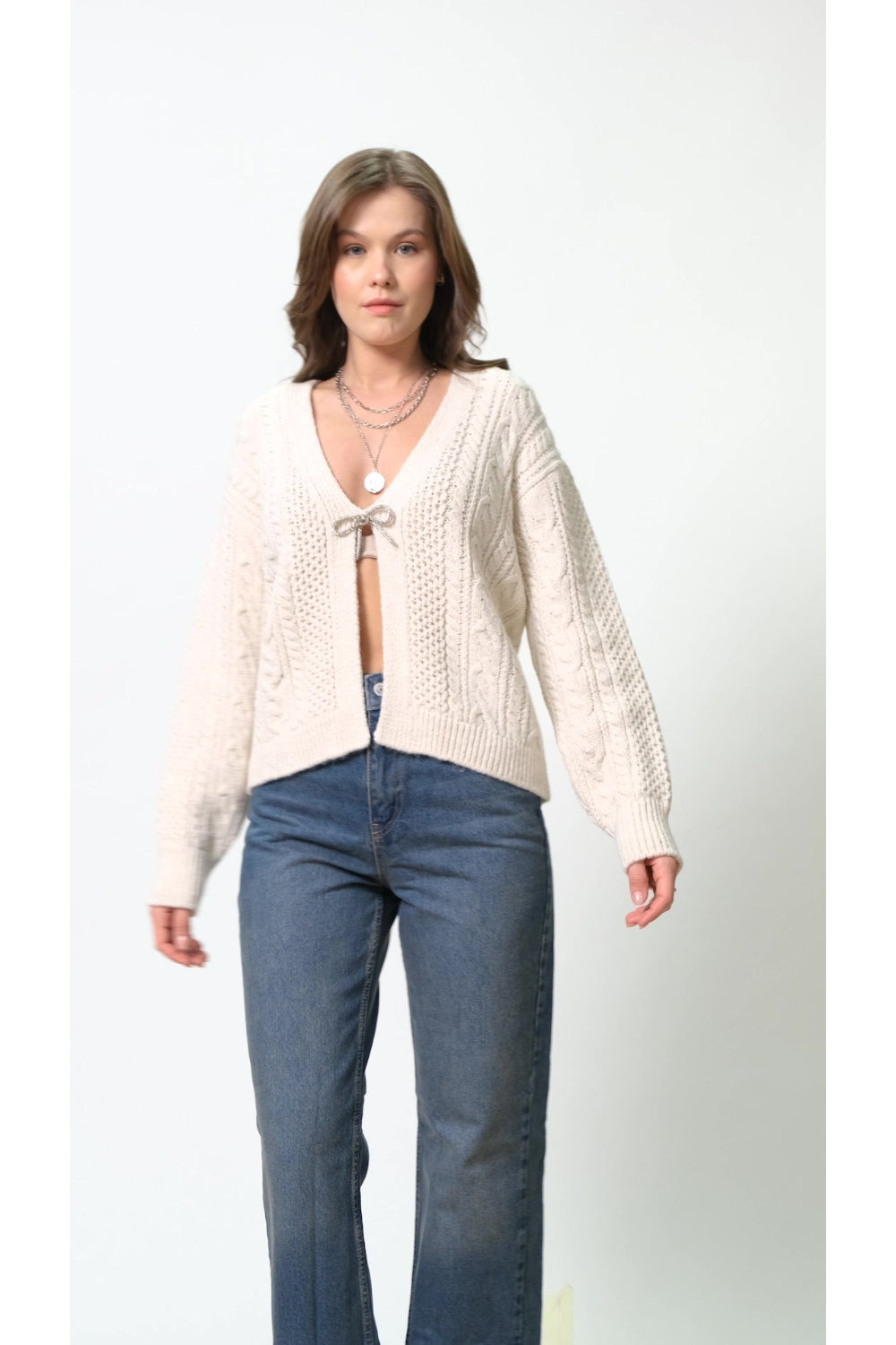 Beige Cardigan with Jeweled Buttons