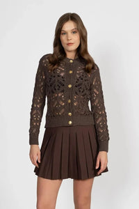 Brown Knit Cardigan with Pattern and Gold Buttons