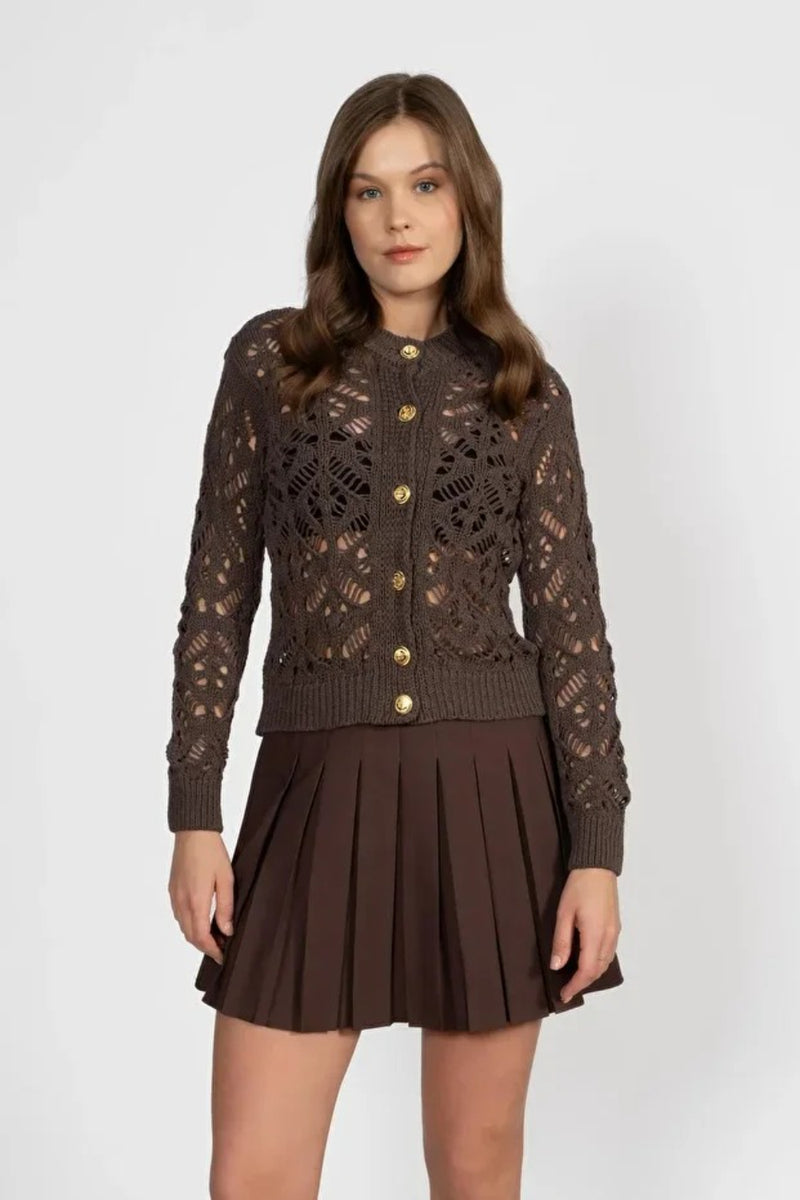 Brown Knit Cardigan with Pattern and Gold Buttons