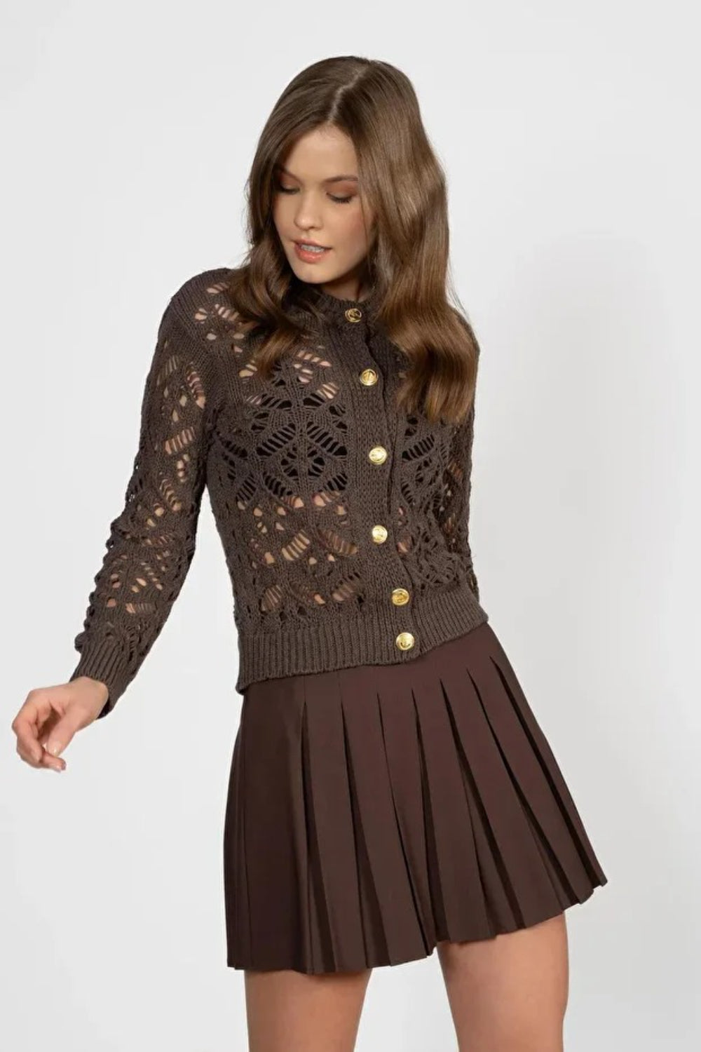 Brown Knit Cardigan with Pattern and Gold Buttons