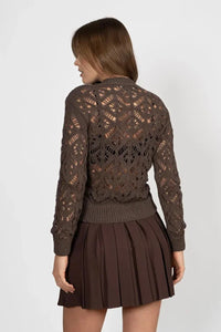 Brown Knit Cardigan with Pattern and Gold Buttons