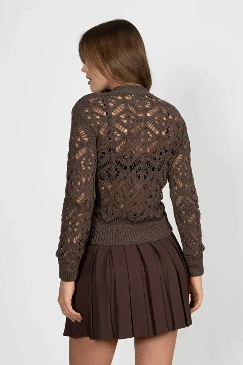 Brown Knit Cardigan with Pattern and Gold Buttons