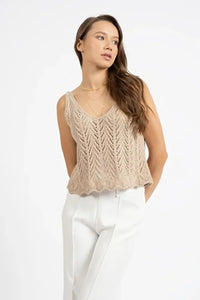 Beige Sleeveless Openwork Knit Top