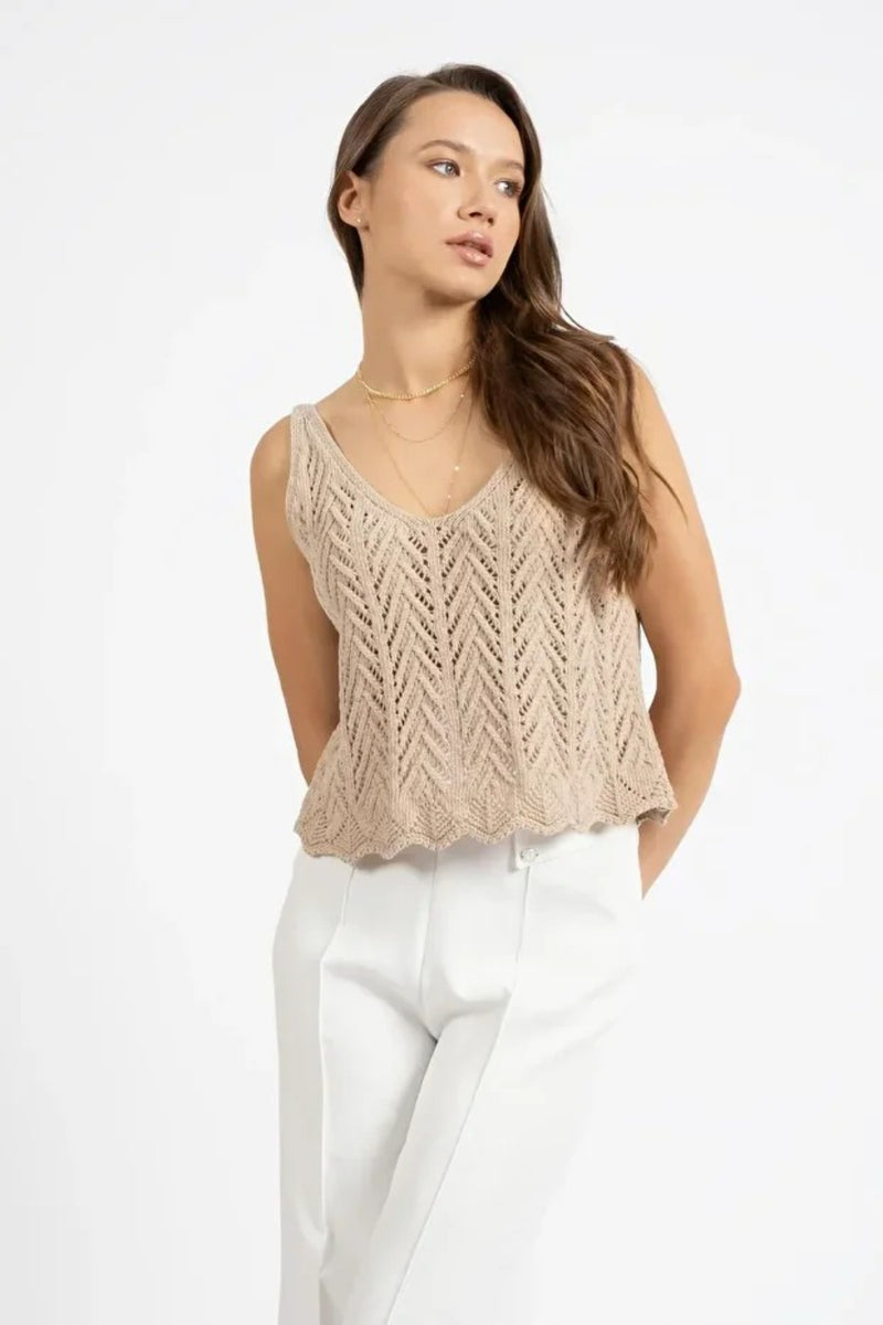 Beige Sleeveless Openwork Knit Top