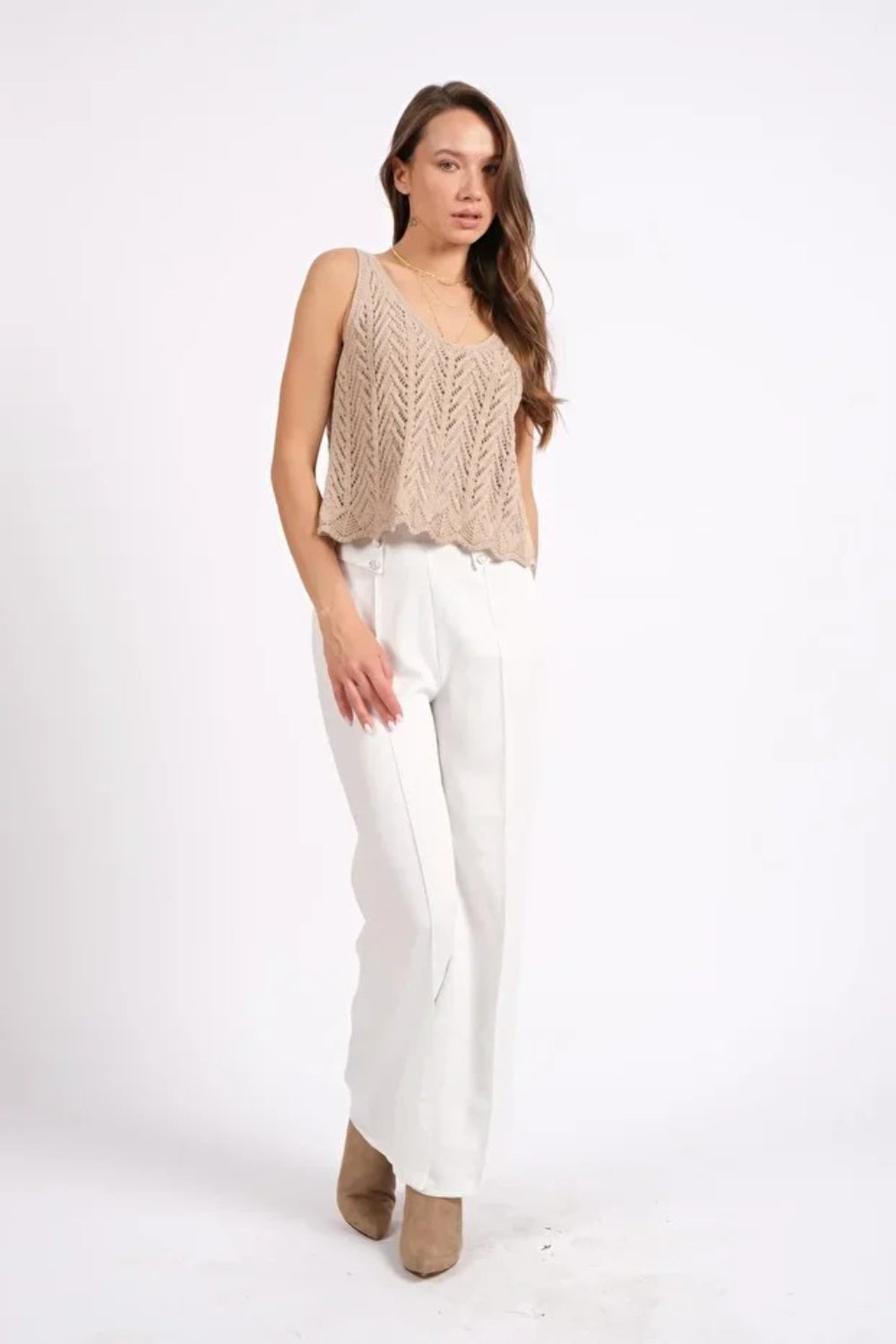 Beige Sleeveless Openwork Knit Top