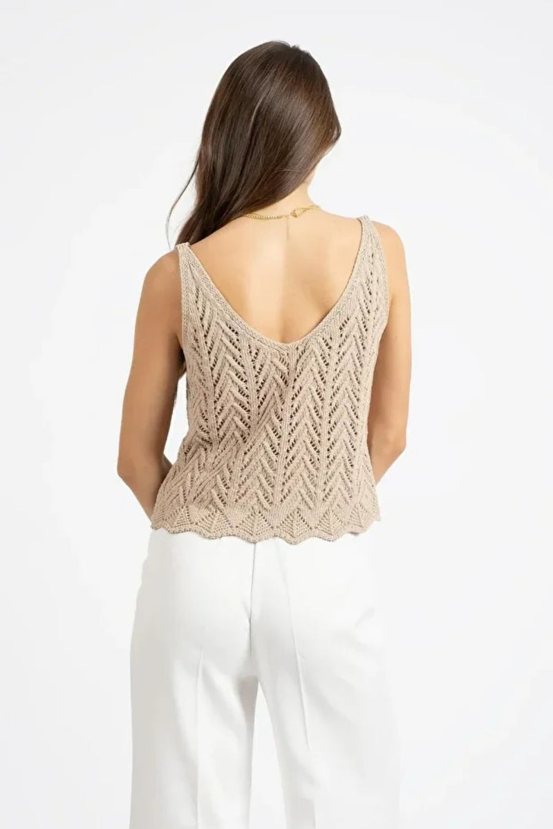 Beige Sleeveless Openwork Knit Top