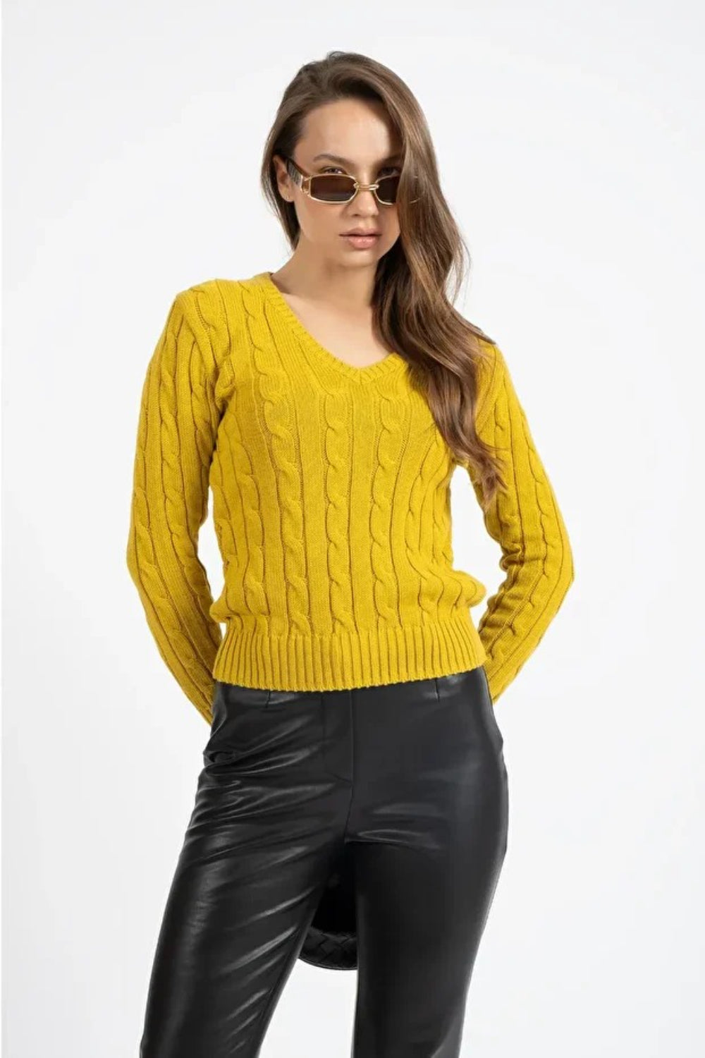 V-Neck Knit Sweater with Woven Pattern in Mustard