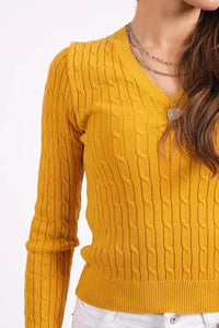 V-Neck Knit Sweater with Woven Pattern in Mustard