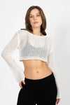 White Cropped Openwork Knit Top