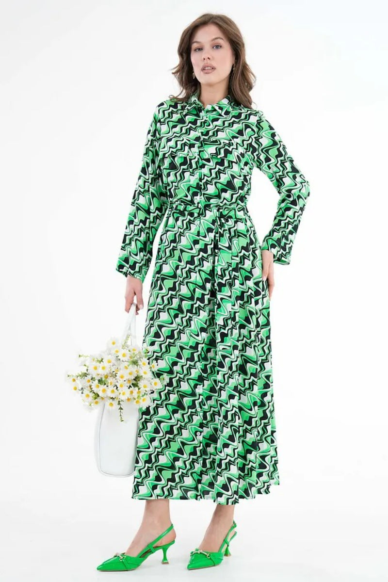 Plain Green Shirt Collar Dress with Pocket Detail