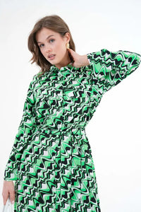 Plain Green Shirt Collar Dress with Pocket Detail