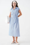 Plain Blue Striped Sleeveless Belted Woven Dress