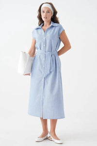 Plain Blue Striped Sleeveless Belted Woven Dress