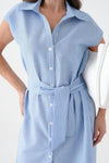 Plain Blue Striped Sleeveless Belted Woven Dress
