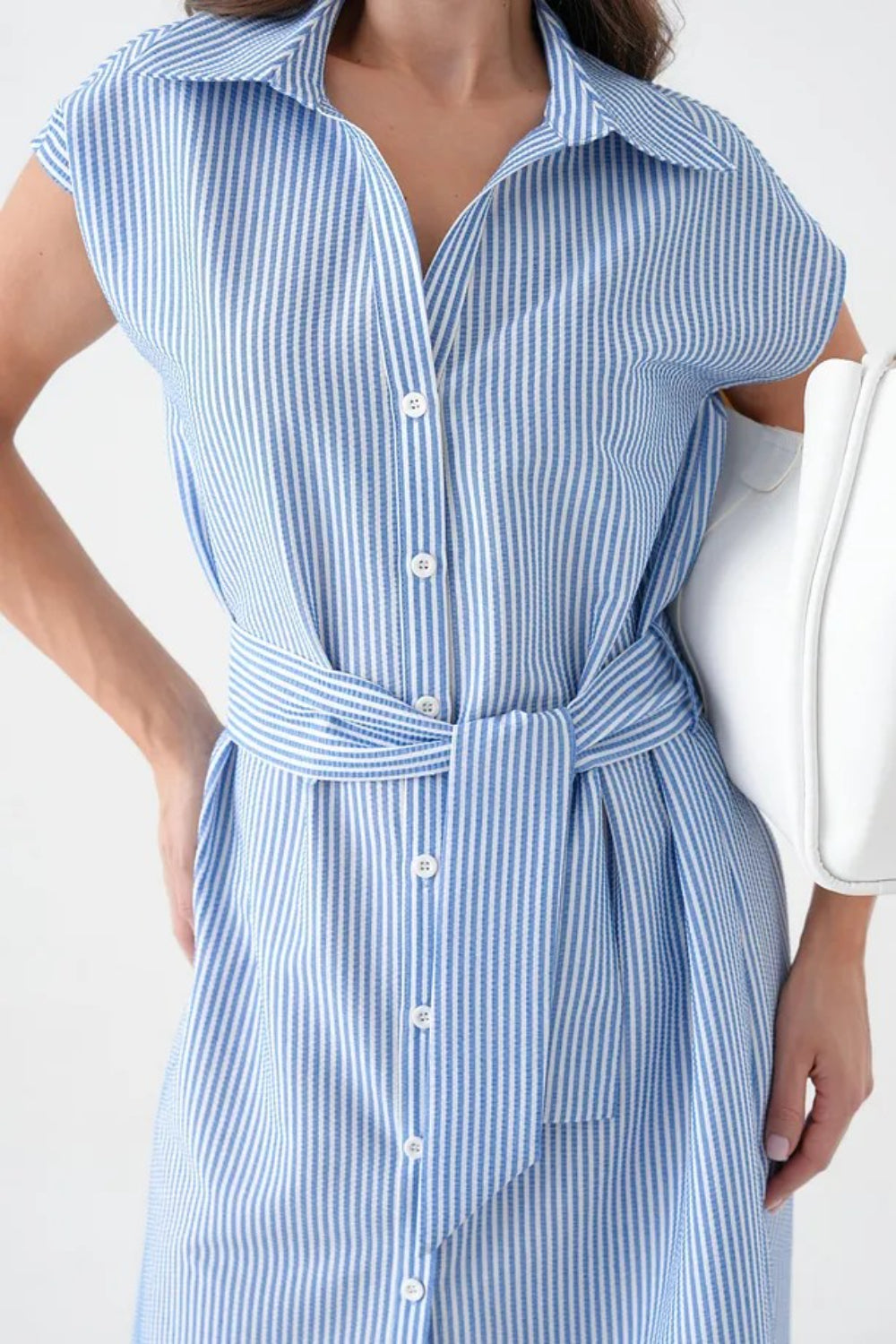 Plain Blue Striped Sleeveless Belted Woven Dress