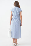 Plain Blue Striped Sleeveless Belted Woven Dress