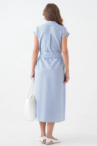 Plain Blue Striped Sleeveless Belted Woven Dress