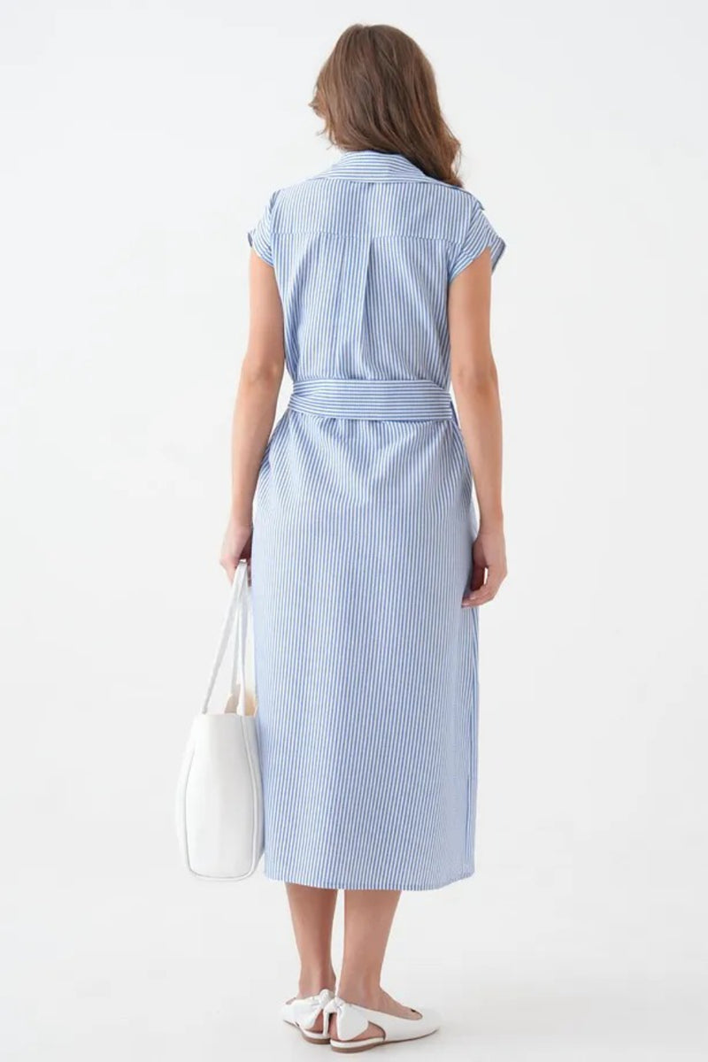 Plain Blue Striped Sleeveless Belted Woven Dress