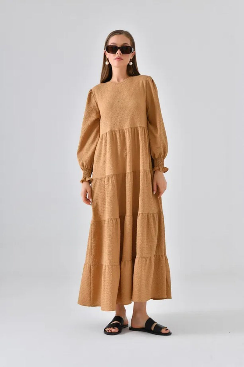 Camel Tiered Dress with Round Neck and Shirred Sleeves