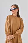 Camel Tiered Dress with Round Neck and Shirred Sleeves