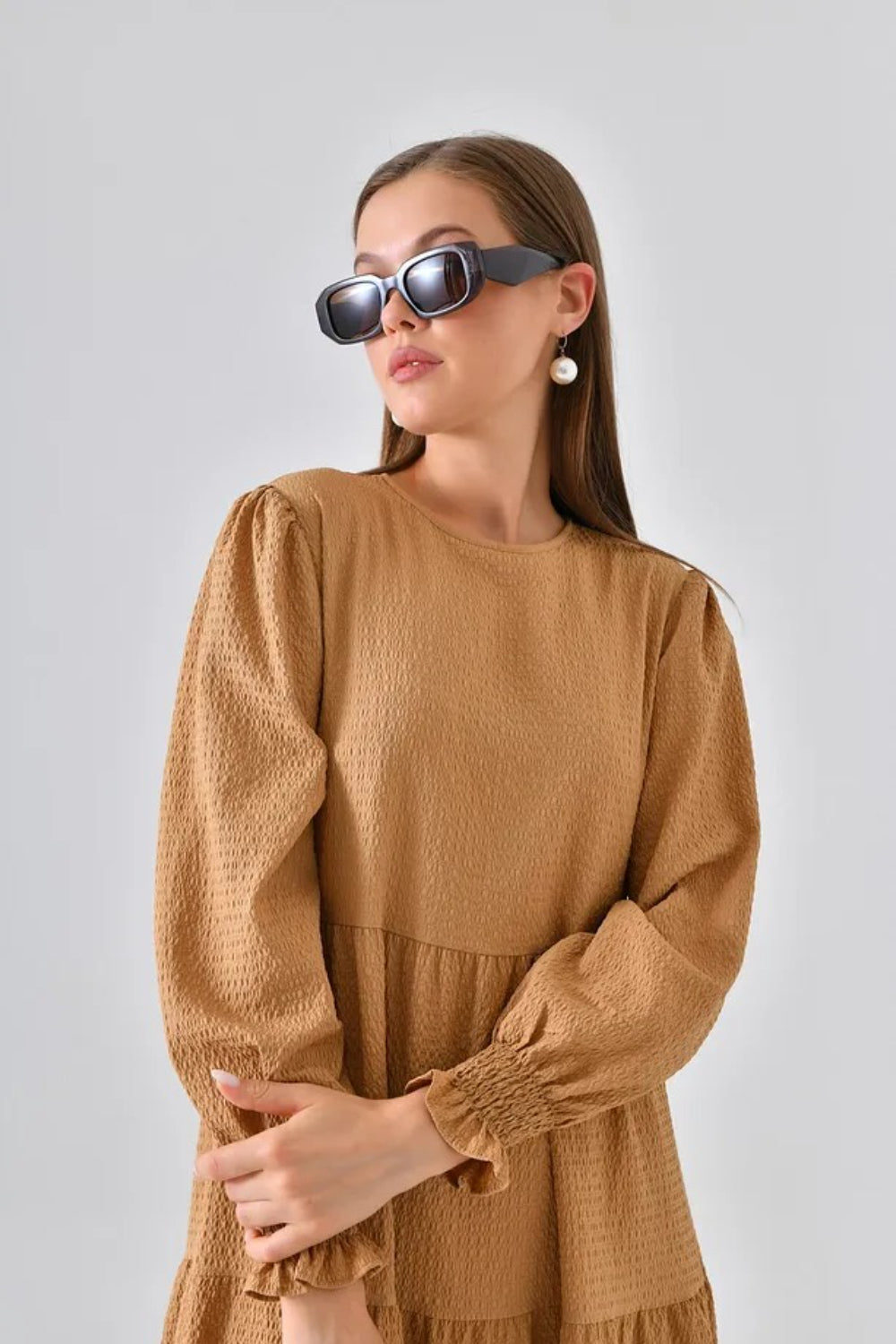 Camel Tiered Dress with Round Neck and Shirred Sleeves