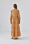 Camel Tiered Dress with Round Neck and Shirred Sleeves