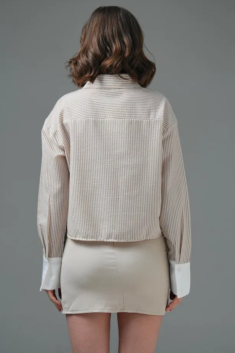 Beige Striped Crop Shirt