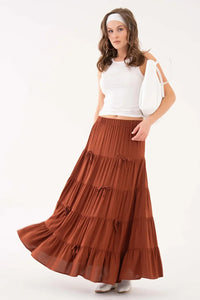 Brown Bow-Detail Tiered Gathered Woven Skirt with Elastic Waist