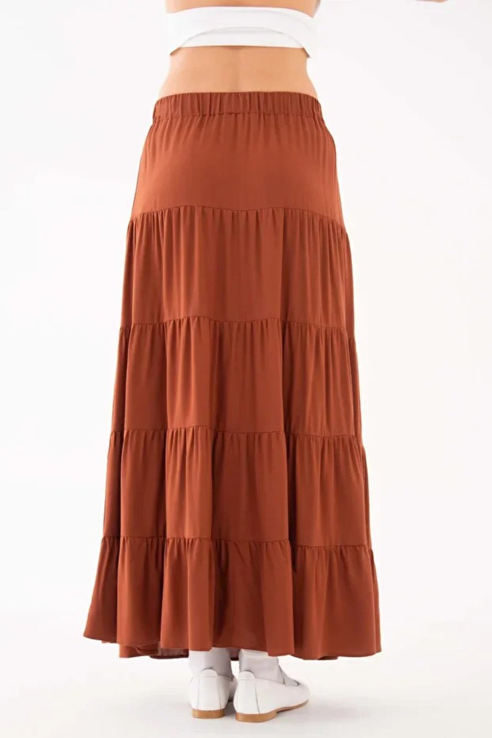 Brown Bow-Detail Tiered Gathered Woven Skirt with Elastic Waist