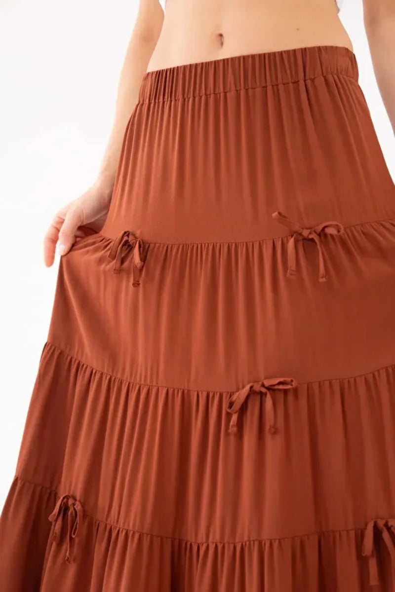 Brown Bow-Detail Tiered Gathered Woven Skirt with Elastic Waist