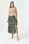 Black A-Line Woven Skirt with Elastic Waist and Side Slit with Animal Print