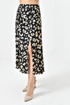 Black A-Line Woven Skirt with Elastic Waist and Side Slit with Animal Print