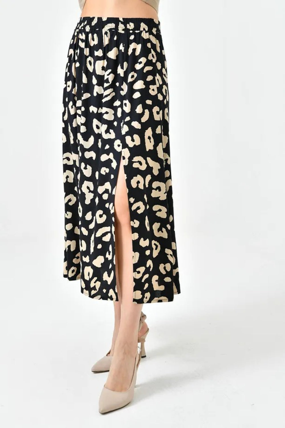 Black A-Line Woven Skirt with Elastic Waist and Side Slit with Animal Print