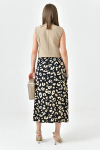Black A-Line Woven Skirt with Elastic Waist and Side Slit with Animal Print