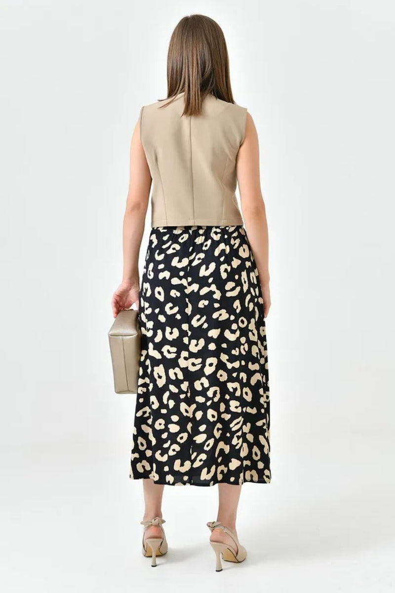 Black A-Line Woven Skirt with Elastic Waist and Side Slit with Animal Print