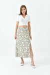 Khaki A-Line Woven Skirt with Elastic Waist and Side Slit with Animal Print