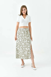 Khaki A-Line Woven Skirt with Elastic Waist and Side Slit with Animal Print