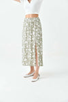 Khaki A-Line Woven Skirt with Elastic Waist and Side Slit with Animal Print