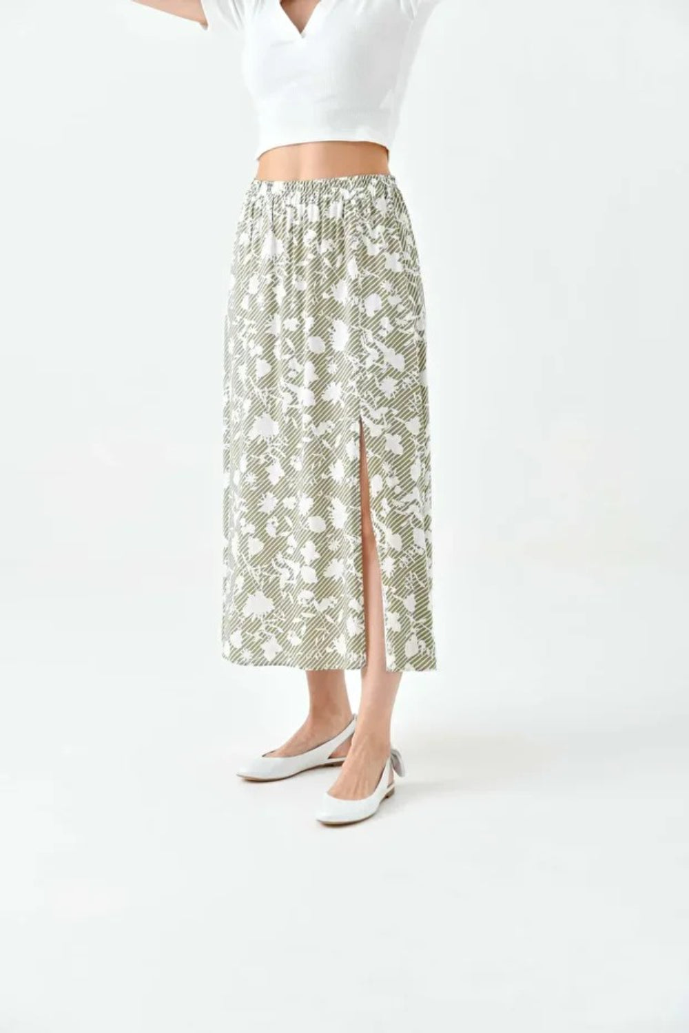 Khaki A-Line Woven Skirt with Elastic Waist and Side Slit with Animal Print