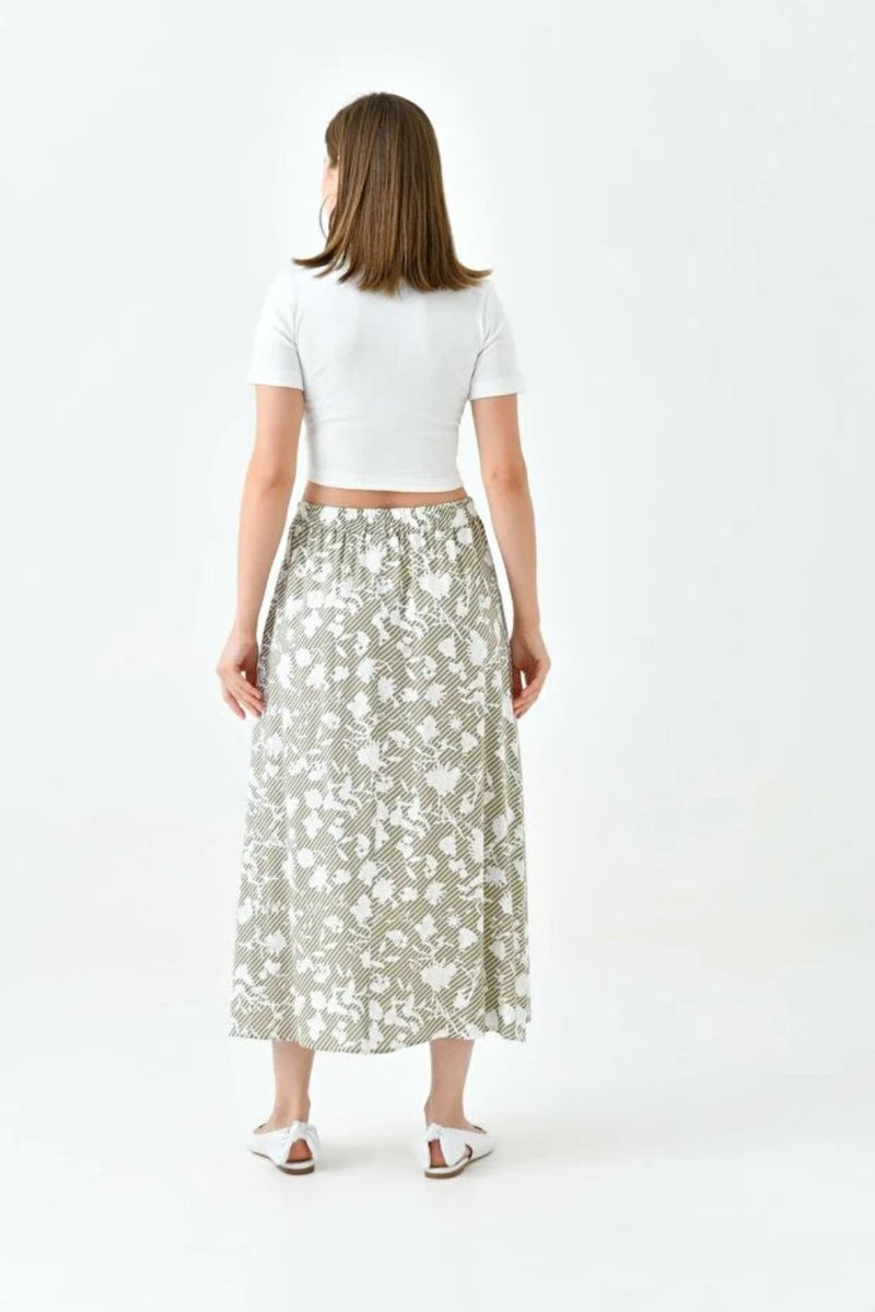 Khaki A-Line Woven Skirt with Elastic Waist and Side Slit with Animal Print