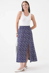 Navy A-Line Woven Skirt with Elastic Waist and Side Slit with Animal Print