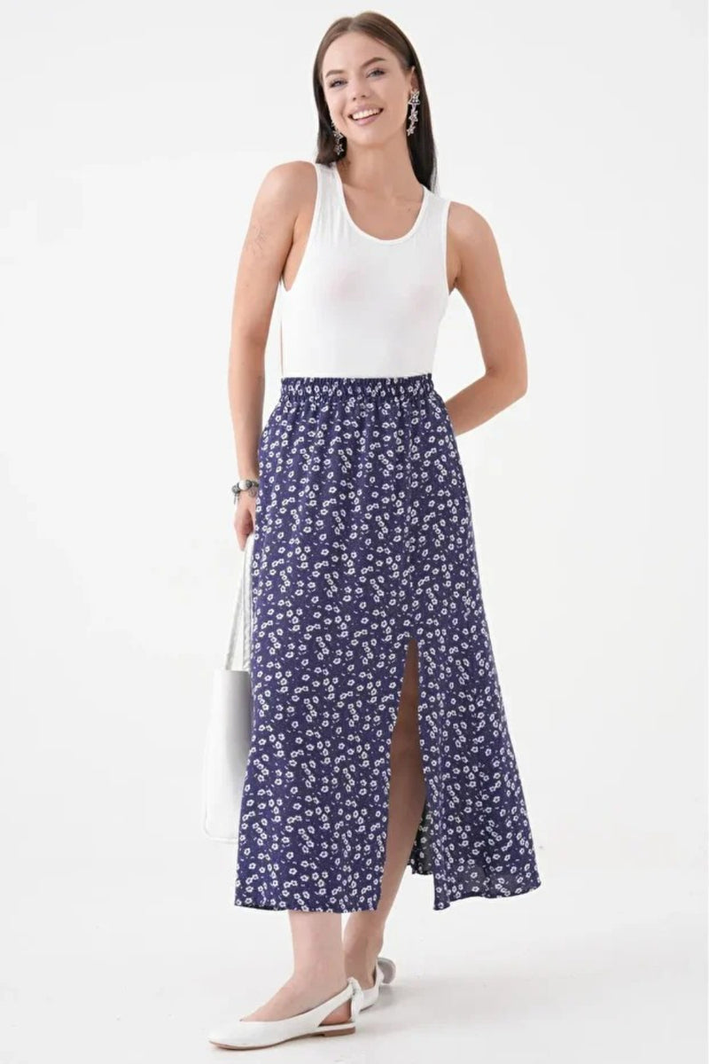 Navy A-Line Woven Skirt with Elastic Waist and Side Slit with Animal Print