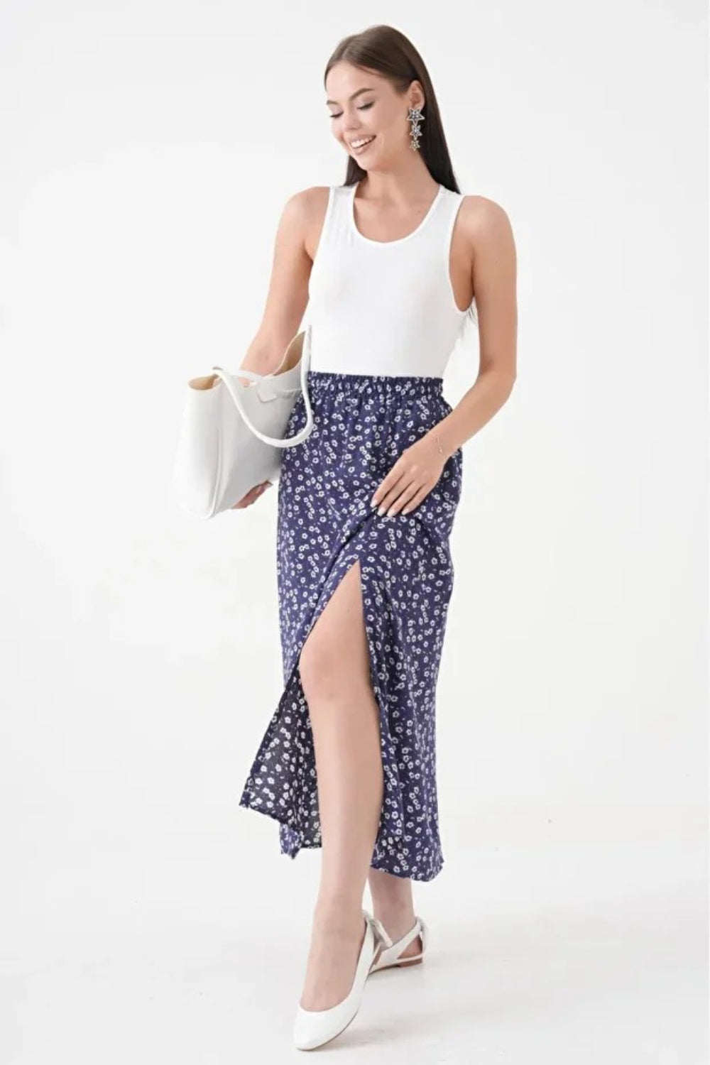 Navy A-Line Woven Skirt with Elastic Waist and Side Slit with Animal Print