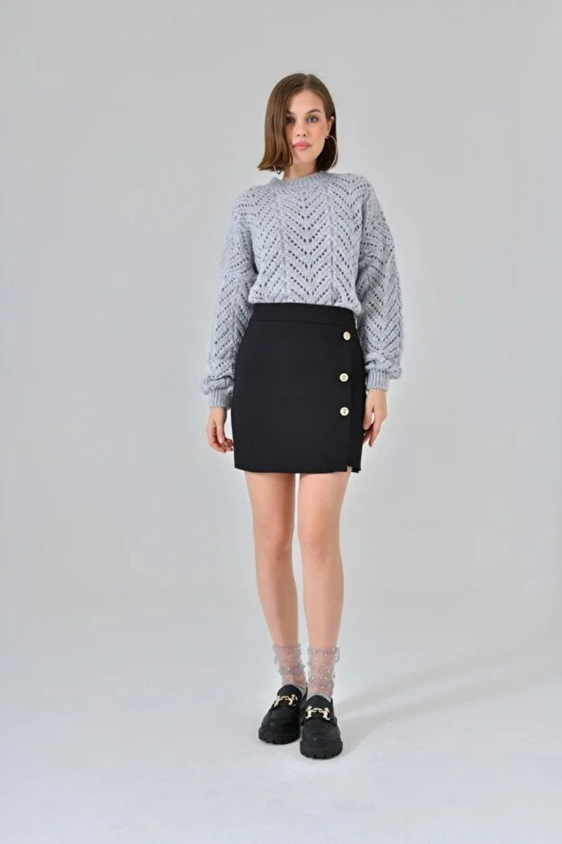 Black Button-Front Mini Skirt